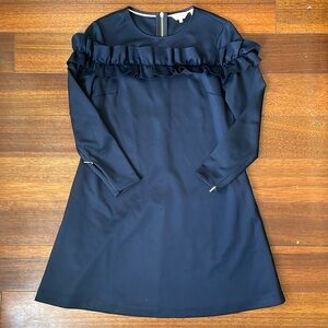 Ted Baker Navy Blue Long Sleeve Zip Cuff Ruffle Cute Dress Cocktail Mini Size 2